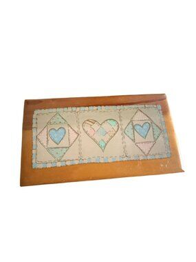 Vintage 1993 Lane Wooden Jewelry Box With Painted Heart Quilt Design Hinged Lid